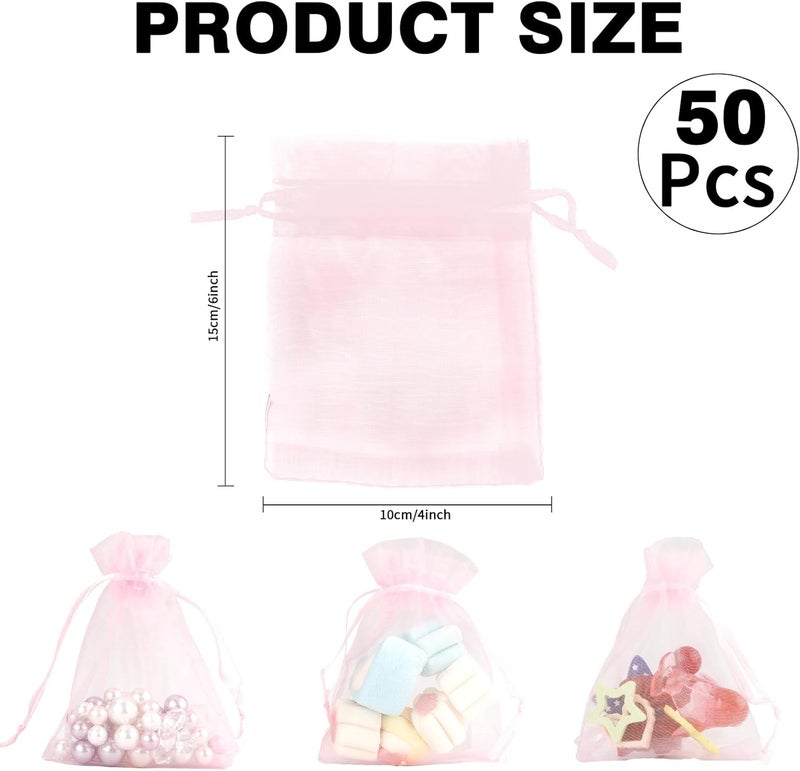 BOEIAC Organza Bags - 50Pcs Pink Sheer 4 x 6 Inch Jewelry Gift Pouches With Drawstring - Party Favor Mesh Mini Candy Bags for Wedding Valentine's Day - Image 2